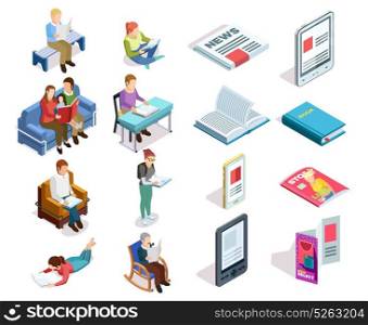 Isometirc Reading Icon Set. Isolated and colored isometirc reading icon set with people who read books magazines tablets in different places vector illustration