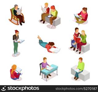 Isometirc Reading People Icon Set . Colored and isolated isometirc reading people icon set with different ages and hobbies women and men vector illustration