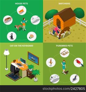 Isometric 2x2 icons set with people and their animals isolated on colorful backgrounds 3d vector illustration. People With Pets Set