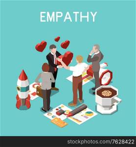 Isometric 3 d soft skills concept with empathy emotions at work among colleagues vector illustration