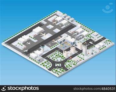 Isometric 3D airstrip of the city international airport terminal and the plane transportation and airplane runway, aircraft jet. Urban transport and building construction. Roads, trees and paths.