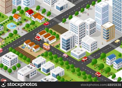 Isometric 3D building city green concept private, municipal real estate. Home collection hotel, gardens, architecture cityscape. Green tree buildings map Illustration elements set business vector game