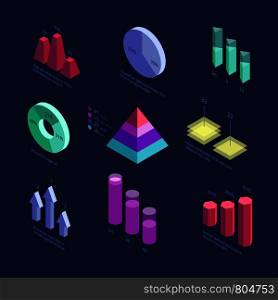 Isometric 3d business statistics data charts, percentage diagram, financial growth graphics. Vector info screen panel. Illustration of chart infographic bar, concept data and diagram. Isometric 3d business statistics data charts, percentage diagram, financial growth graphics. Vector info screen panel
