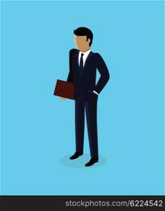 Isometric 3d businessman icon design. Business man isolated, isometric businessman, unrecognizable success man, isometry human, 3d manager faceless illustration. Man standing with folder in hands