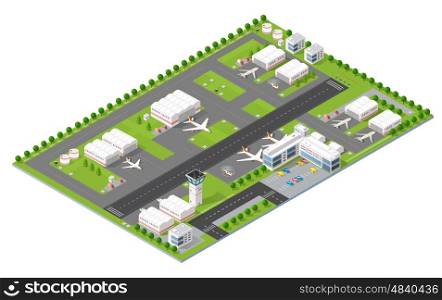 Isometric 3D city airport with transport aircraft and the runway. Skyscrapers, houses and streets with urban traffic movement of the car with trees and nature