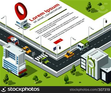 Isometric 3d city. Conceptual poster with highway and point on map location. Vector illustration. Template banner with isometric city, buildings, roads and cars isometric design. Isometric 3d city. Conceptual poster with highway and point on map location. Vector illustration