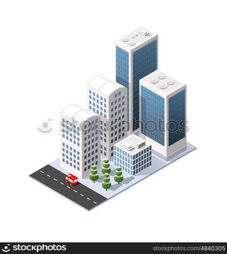 Isometric 3D city three-dimensional winter town quarter. Skyscrapers, apartment, office, houses and streets with urban traffic movement of the car with trees and nature