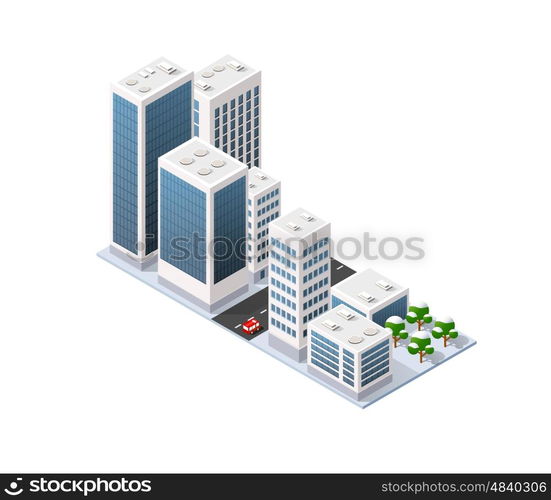 Isometric 3D city three-dimensional winter town quarter. Skyscrapers, apartment, office, houses and streets with urban traffic movement of the car with trees and nature