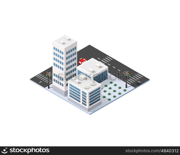 Isometric 3D city three-dimensional winter town quarter. Skyscrapers, apartment, office, houses and streets with urban traffic movement of the car with trees and nature