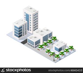 Isometric 3D city three-dimensional winter town quarter. Skyscrapers, apartment, office, houses and streets with urban traffic movement of the car with trees and nature