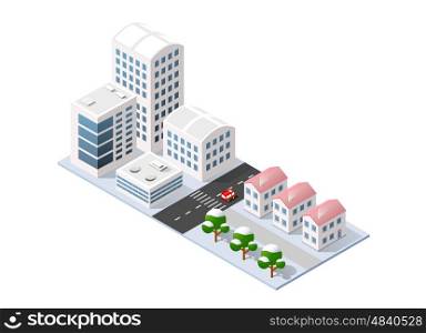 Isometric 3D city three-dimensional winter town quarter. Skyscrapers, apartment, office, houses and streets with urban traffic movement of the car with trees and nature
