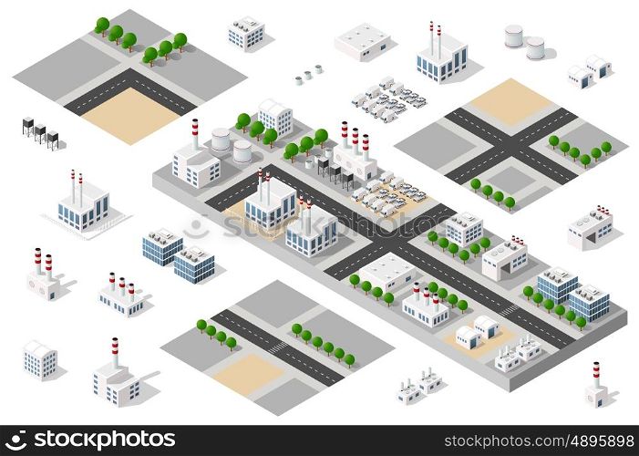 Isometric 3D city urban factory set which includes buildings, power plant, heating gas, warehouse, elevator exterior. Flat map isolated infographic element set industrial structures