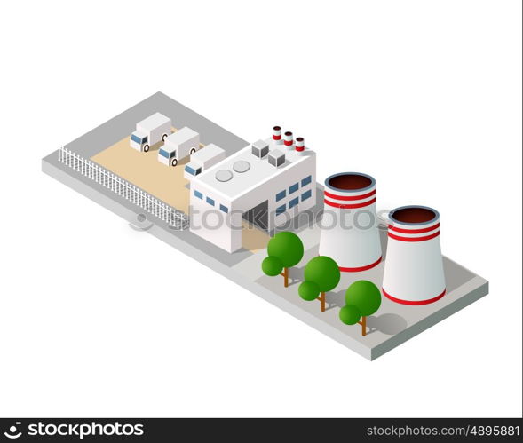 Isometric 3D city urban factory which includes buildings, power plant, heating gas, warehouse, elevator exterior. Flat map isolated infographic element set industrial structures