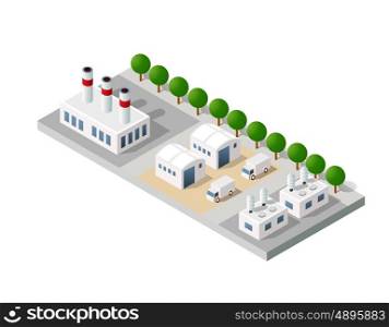 Isometric 3D city urban factory which includes buildings, power plant, heating gas, warehouse, elevator exterior. Flat map isolated infographic element set industrial structures