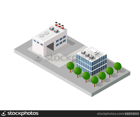 Isometric 3D city urban factory which includes buildings, power plant, heating gas, warehouse, elevator exterior. Flat map isolated infographic element set industrial structures