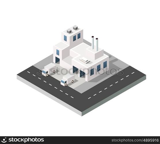 Isometric 3D city urban factory which includes buildings, power plant, heating gas, warehouse, elevator exterior. Flat map isolated infographic element set industrial structures