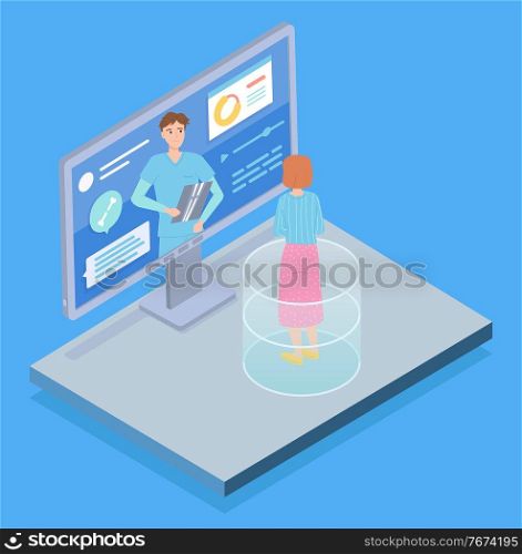 Isometric 3d computer display with medical website. Woman patient consulting with sawbones, surgeon through online medical cabinet. Concept of online virtual medicine at distance, flat style. Isometric 3d computer display with medical website, woman patient consulting with sawbones