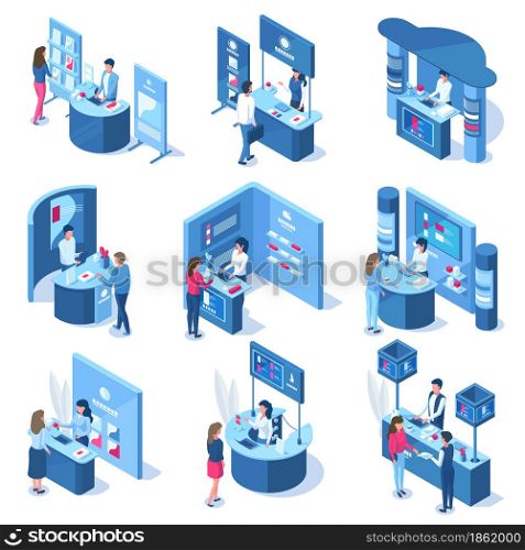 Isometric 3d exhibition demonstration promo stands workers and visitors. Promotional stands, trade panels vector illustration set. Expo center demonstration stands. Isometric demonstration panel. Isometric 3d exhibition demonstration promo stands workers and visitors. Promotional stands, trade panels vector illustration set. Expo center demonstration stands