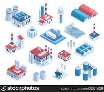 Isometric 3d factory, plant, mill buildings, industrial pipes and warehouse. Production plant buildings, industrial facilities vector illustration set. Factory structures with modern technologies. Isometric 3d factory, plant, mill buildings, industrial pipes and warehouse. Production plant buildings, industrial facilities vector illustration set. Factory structures