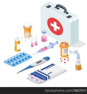 isometric 3D first aid kit tools and medicaments. Isometric icon for doctor, hospital and clinic. vector illustration in flat style. isometric 3D first aid kit.