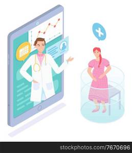Isometric 3d illustration in flat style. Pregnant woman ask medical help, consulting with doctor, physician, gynecologist using medical app at tablet screen. Concept of medical online consultation. Isometric online medicine, pregnant woman consulting with doctor with medical app at tablet