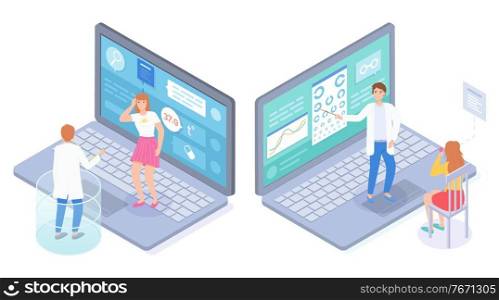 Isometric 3d illustration in flat style. Unhealthy woman have high temperature, making online consultation with physician through website. Patient checking vision in virtual medical cabinet in oculist. Isometric 3d illustration of laptop, people consulting with doctor through medical website