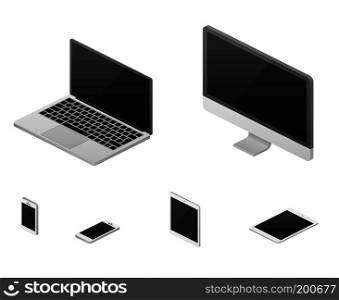 Isometric 3d laptop, tablet, smartphone, computer screen responsive web design vector elements. Set of device with flat screen, illustration of device for communication. Isometric 3d laptop, tablet, smartphone, computer screen responsive web design vector elements
