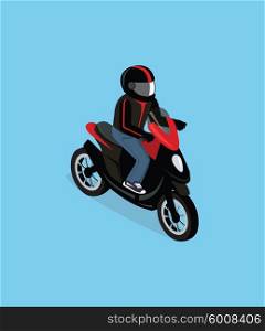 Isometric 3D Motorbiker with Motorcycle. Flat 3d isometric motorcyclist on motorcycle. Motorbiker with motorcycle. Isometric motorcycle. Motorcycle isometric motor bike. Detailed illustration of isometric scooter. Isometric biker top view