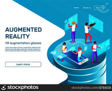 Isometric 3d people learning and working at augmented reality headset mobile gadgets future tech. VR digital augmentation glasses virtual game technology infographic concept vector illustration. Isometric 3d people learning and working at augmented reality headset mobile gadgets. VR augmentation glasses vector illustration