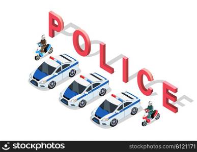Isometric 3D Police Car. Flat 3d isometric high quality police car. Isometric police car top view. Isolated isometric police car. 3D isometric police car. Isometric blue and white police car icon. Vector police car