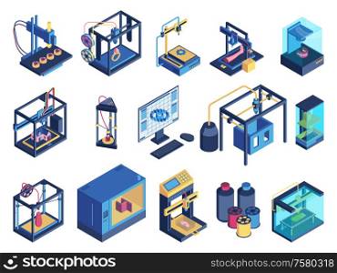 Isometric 3d printing color set of isolated images with computer controlled 3d printer in various states vector illustration