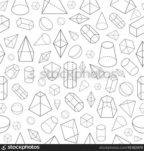 Isometric 3d shapes seamless pattern. Geometric math wireframe objects. Pyramid, prism and sphere, cone and cube. Vector school texture. Geometry education with outlined forms and objects. Isometric 3d shapes seamless pattern. Geometric math wireframe objects. Pyramid, prism and sphere, cone and cube. Vector school texture