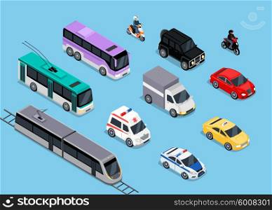 Isometric 3d transport set flat design. Car vehicle, transportation traffic, truck van, auto cargo, bus and automobile, police and motorcycle illustration