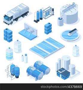 Isometric 3d water purification industrial system technology facilities. Industrial water tanks, pumping station vector illustration set. Industrial water facilities with cleaning and filtrating tools. Isometric 3d water purification industrial system technology facilities. Industrial water tanks, pumping station vector illustration set. Industrial water facilities