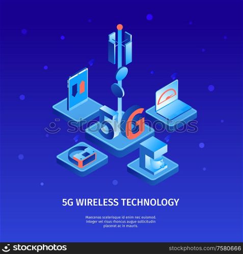 Isometric 5g internet color background with images of telecommunication tower and electronic devices with editable text vector illustration
