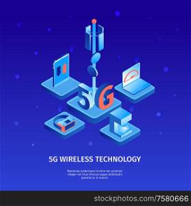 Isometric 5g internet color background with images of telecommunication tower and electronic devices with editable text vector illustration