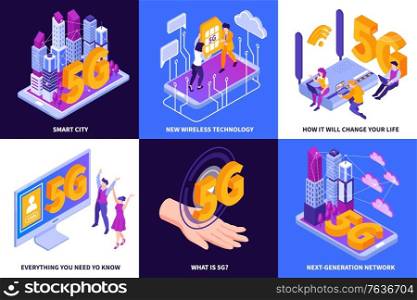 Isometric 5g internet design concept with square compositions of gadget icons human hands and text captions vector illustration