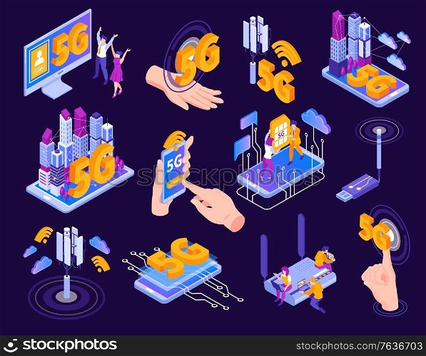 Isometric 5g internet set of isolated pictogram icons and images of electronic gadgets and network infrastructure vector illustration