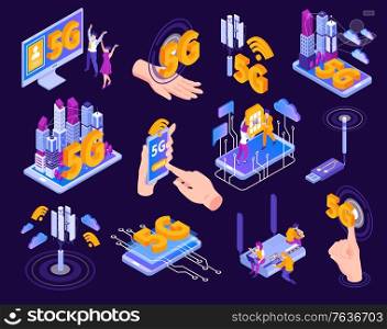 Isometric 5g internet set of isolated pictogram icons and images of electronic gadgets and network infrastructure vector illustration