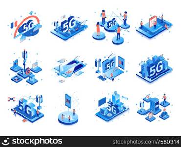 Isometric 5g internet set with isolated compositions of icons pictograms and images of electronic gadgets with people vector illustration