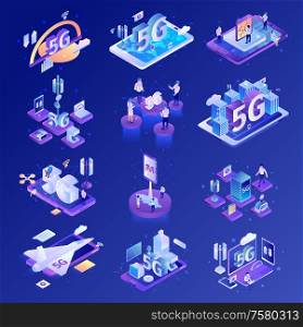 Isometric 5g internet technology set with isolated icons of electronic devices gadgets and network infrastructure elements vector illustration