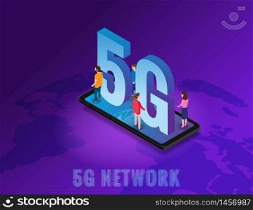 Isometric 5G network wireless technology template. Isometric smartphone with Earth planet. Isometric 5G network wireless technology template. Isometric smartphone with Earth planet letters 5g and tiny people. Fifth innovative generation of the global high speed Internet network. Vector concept illustration isolation