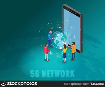 Isometric 5G network wireless technology template. Isometric smartphone with Earth planet. Isometric 5G network wireless technology template. Isometric smartphone with Earth planet and tiny people. Fifth innovative generation of the global high speed Internet network. Vector concept illustration isolation
