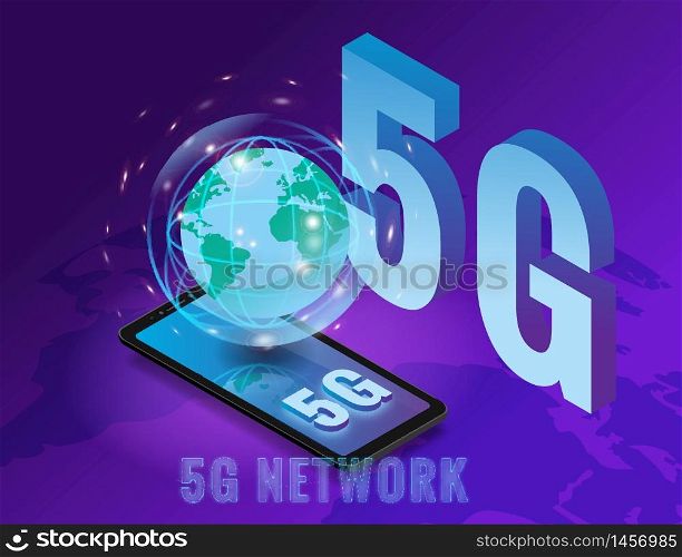 Isometric 5G network wireless technology template. Letters 5G smartphone with Earth planet. Isometric 5G network wireless technology template. Letters 5G smartphone with Earth planet. Fifth innovative generation of the global high speed Internet network. Vector concept illustration isolation
