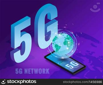 Isometric 5G network wireless technology template. Letters 5G smartphone with Earth planet. Isometric 5G network wireless technology template. Letters 5G smartphone with Earth planet. Fifth innovative generation of the global high speed Internet network. Vector concept illustration isolation