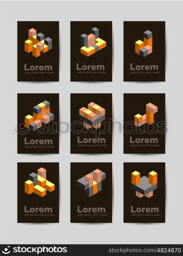 Isometric abstract geometric. Isometric abstract geometric design elements with colored parts on a dark background