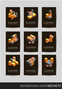 Isometric abstract geometric. Isometric abstract geometric design elements with colored parts on a dark background