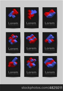 Isometric abstract geometric. Isometric abstract geometric design elements with colored parts on a dark background