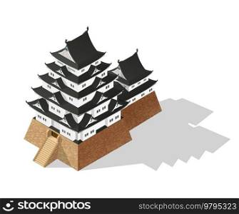 Isometric abstract Japanese castle, Japan fort or fortification, vector temple pagoda. Japanese citadel fortress or Medieval palace with towers, samurai defence house with wall and gate bridge. Isometric abstract Japanese castle, citadel temple