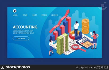 Isometric accounting website page design template with editable text clickable buttons links and financial pictogram images vector illustration